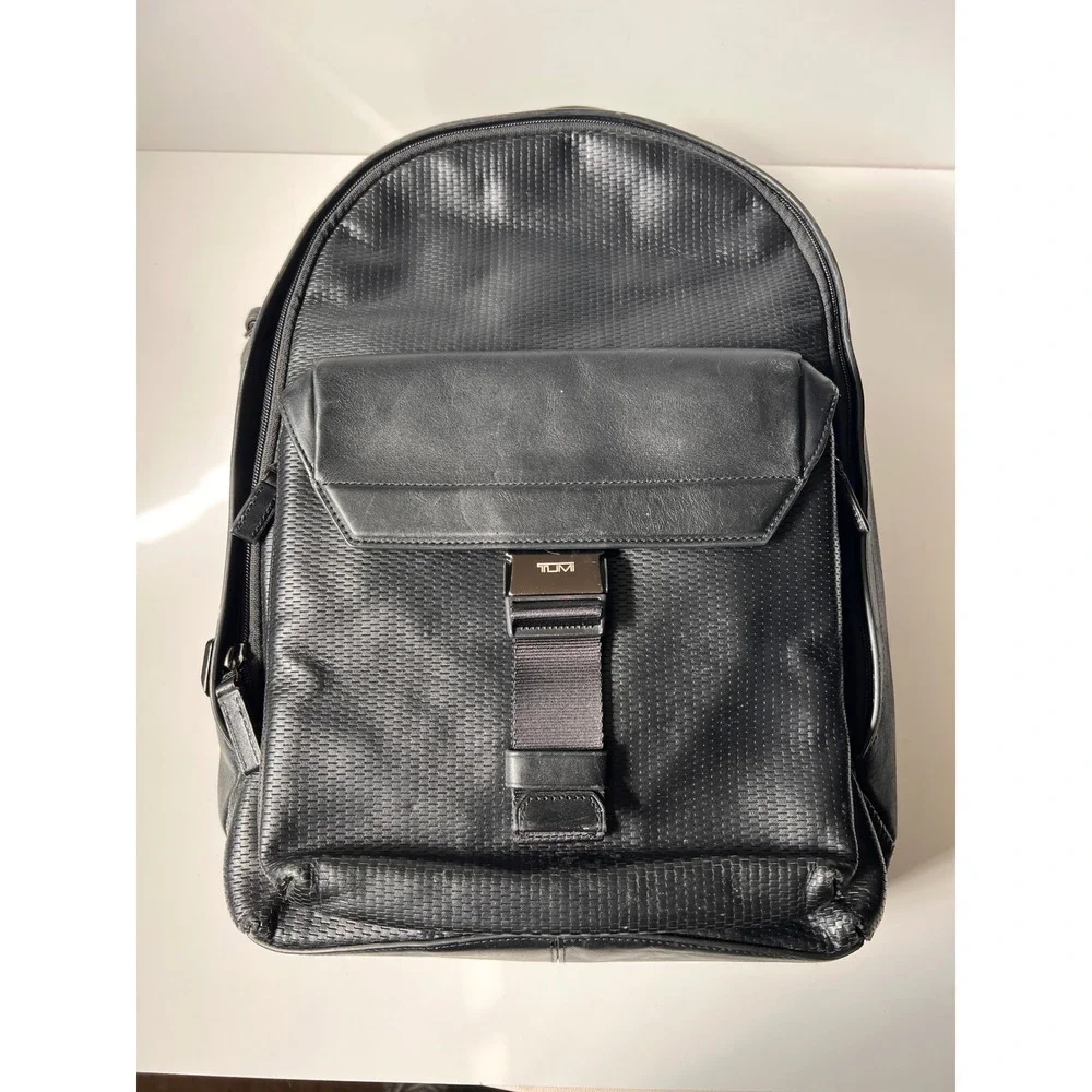 Tumi Morley Backpack Carbon Fiber Black Leather Buckle Laptop Travel Bag